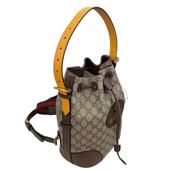 New GUCCI Neo Vintage GG Supreme Bucket Backpack Tiger Head Logo Drawstring Tan - Picture 4 of 16